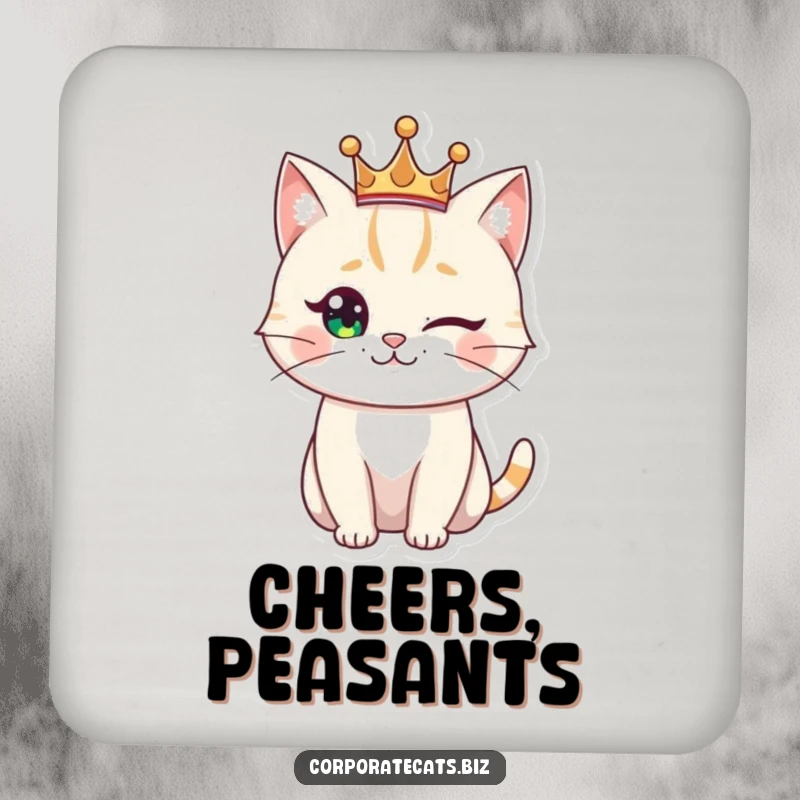Funny royal cat coasters, a winking feline wearing a small crown, offering regal protection and humor to tabletops.