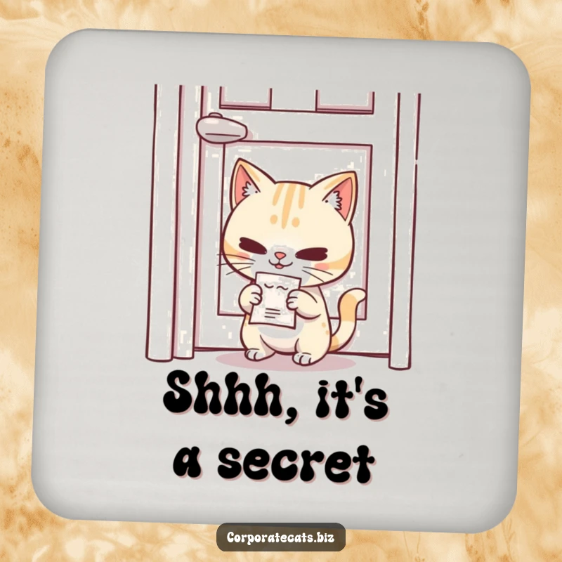 Funny Spy Cat Coaster: a mischievous cat character slipping a tiny memo under a door, perfect for drinks.