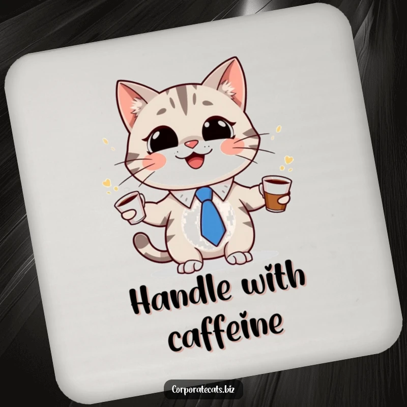Funny cat character in a tiny tie, grinning and juggling coffee cups on a drink coaster, adding humor and surface protection, ideal for a quirky gift.