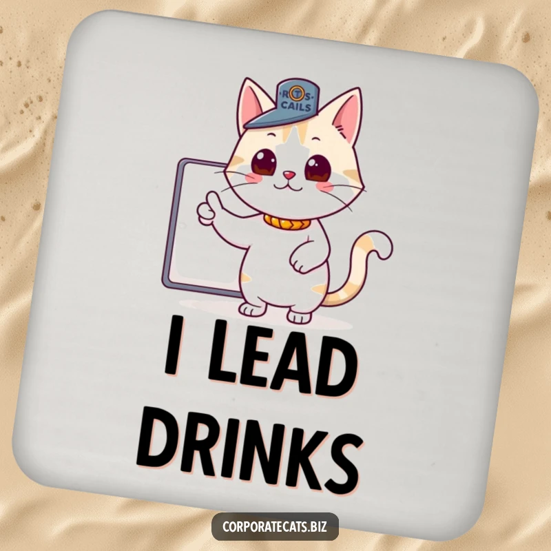 Funny drink coasters displaying a proud cat wearing a tiny boss hat, pointing authoritatively, offering humorous protection for tables.