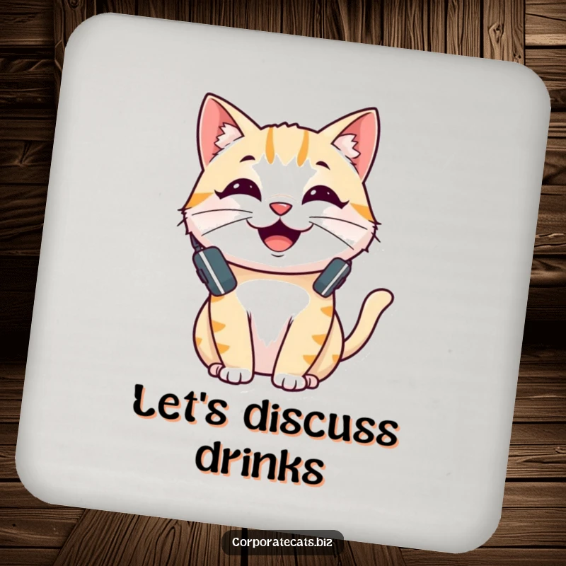 Funny drink coasters featuring a cheerful cat with a headset, talking, adding a humorous and protective touch to any table.