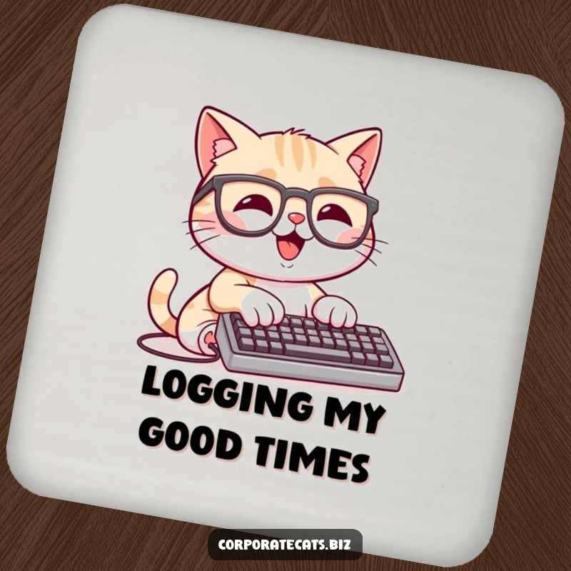 Funny Techie Cat Coaster: a happy cat character wearing glasses and typing on a tiny keyboard, perfect for drinks.