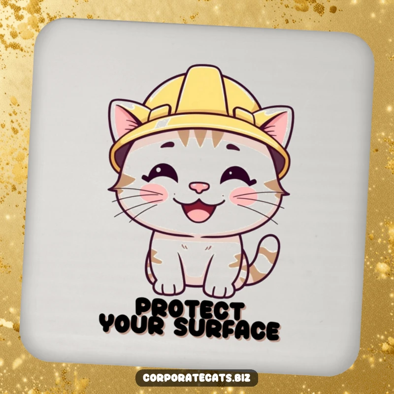 Funny drink coaster featuring a smiling cat character wearing a tiny hard hat. Protects surfaces with protective humor.