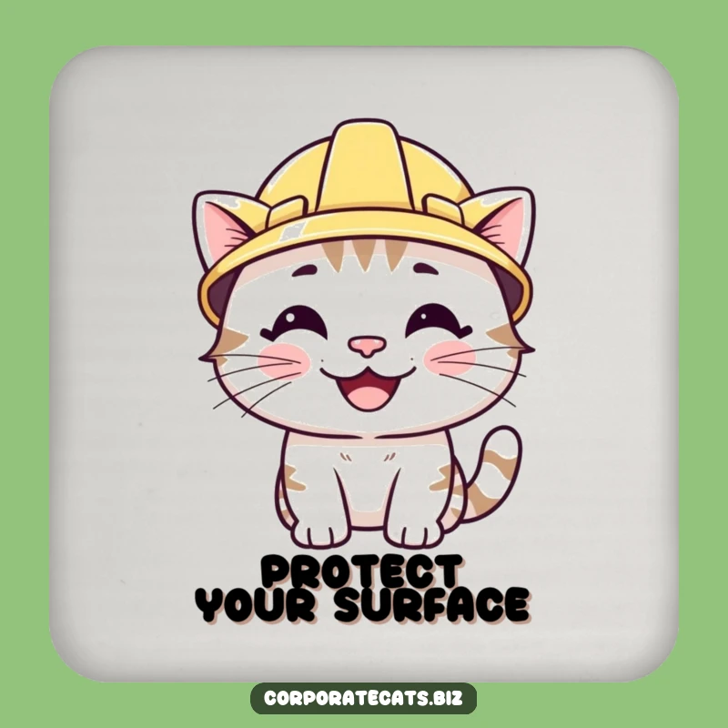 Funny Smiling Cat Coaster: Wearing Hard Hat, Protect Surfaces with Hilarious Flair