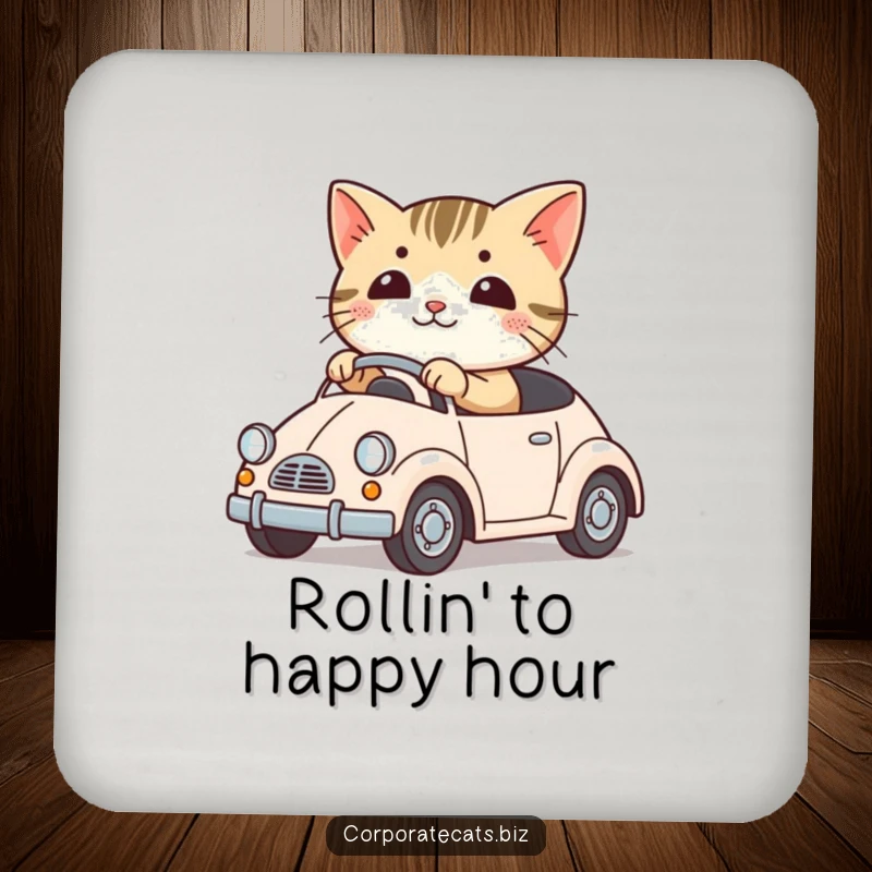 Funny drink coaster featuring a cute cat driving a tiny toy car. Protects surfaces with adorable humor.