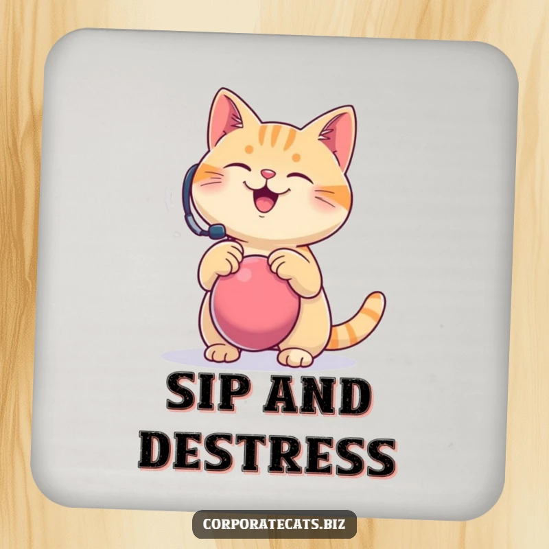 Funny coaster design, a happy cat wearing a headset comically bounces a stress ball, perfect for protecting surfaces with humor.