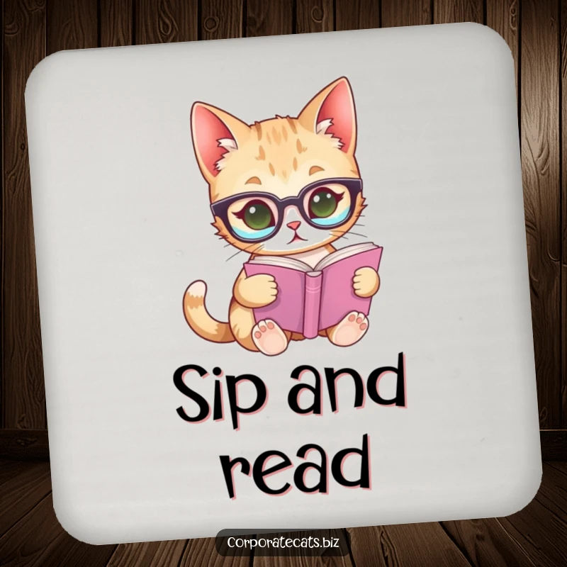 Funny drink coaster featuring a curious cat wearing glasses, reading a tiny book, adding a literary touch to surface protection.