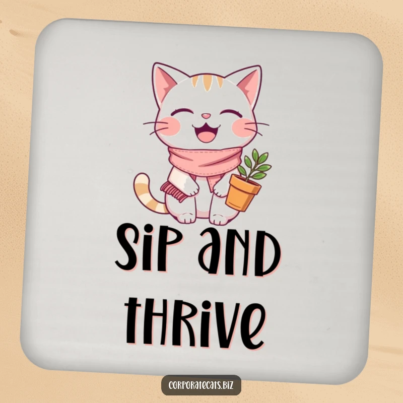 Funny joyful cat coasters, wearing a scarf and holding a plant pot, protecting surfaces with plant-loving charm.