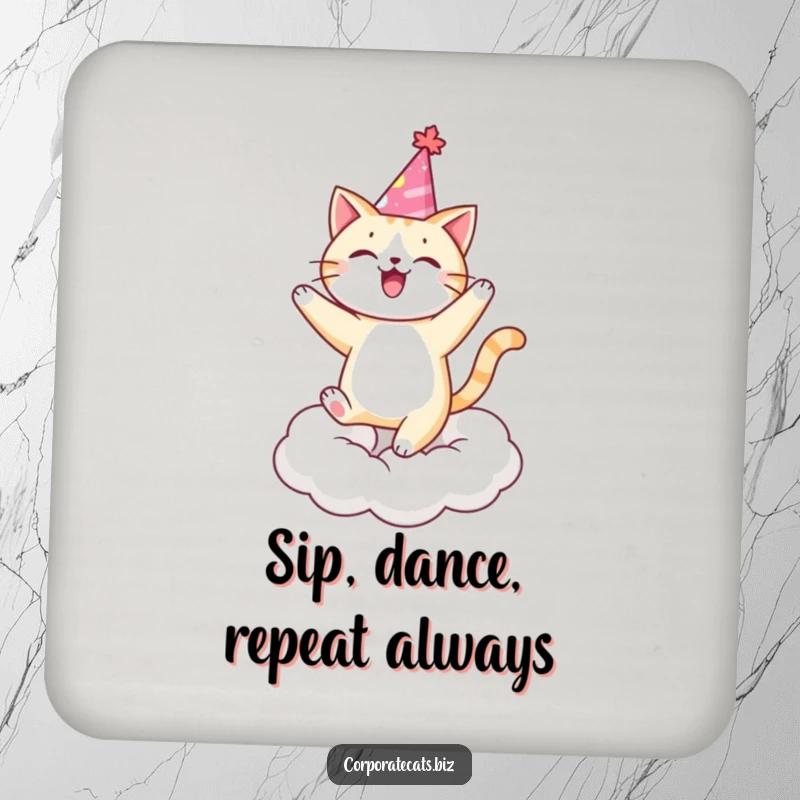 Funny cat in a party hat dancing on a cloud, a festive coaster set. A fantastic funny gift.