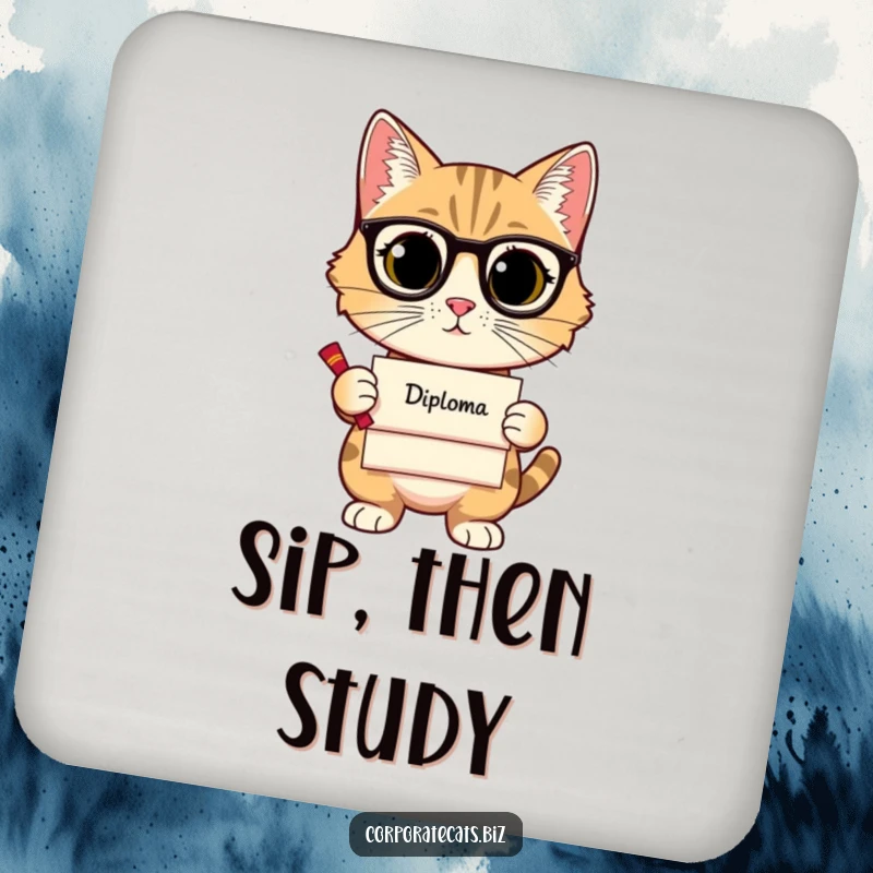 Funny drink coasters featuring a sophisticated cat holding a diploma, adding an elegant and humorous touch to any table.