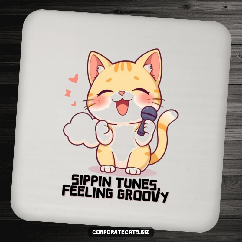 Funny cat with a microphone, singing into a cloud, a musical coaster set. A fantastic funny gift.