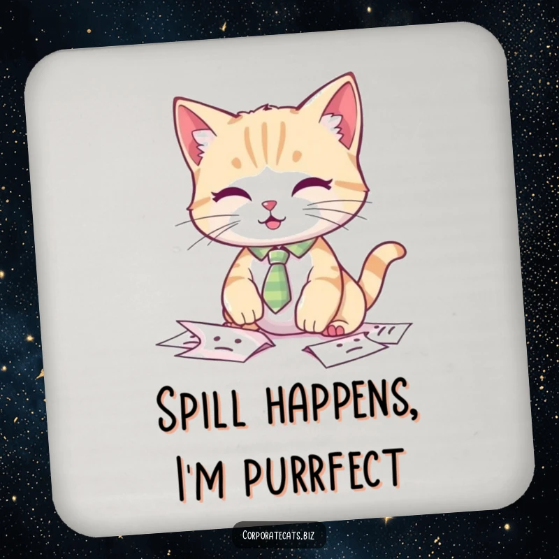 Funny cat coaster, a cat in a tiny tie looking overwhelmed and dropping papers.