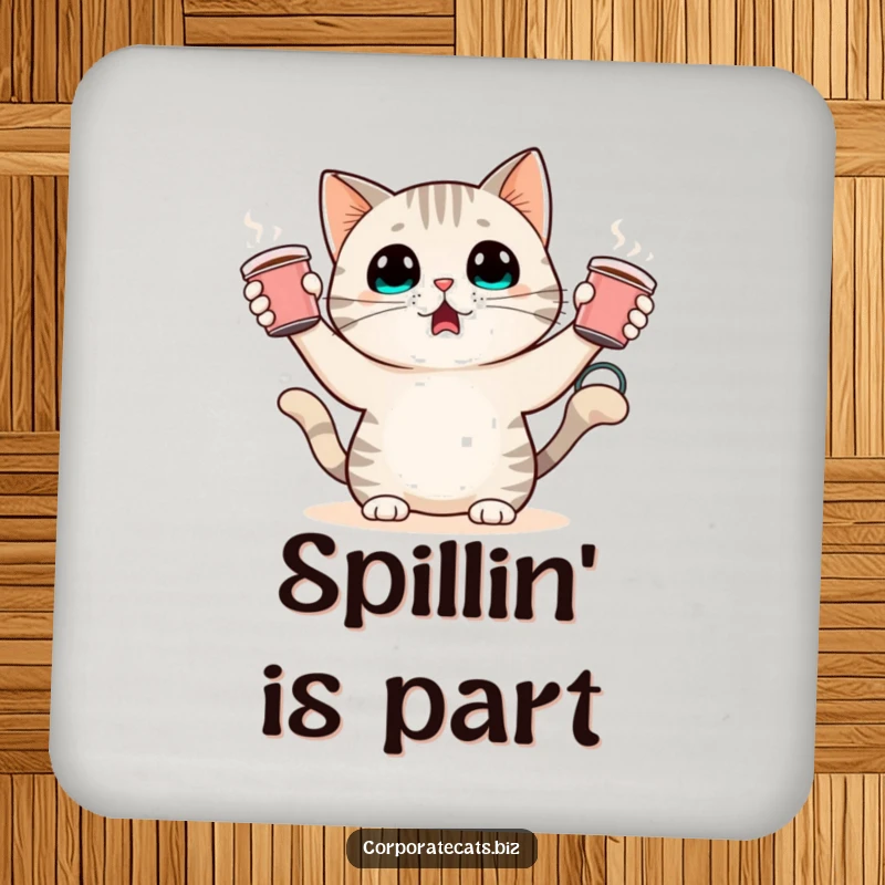 Funny drink coaster featuring a surprised cat character juggling small coffee cups. Protects surfaces with a comical design.