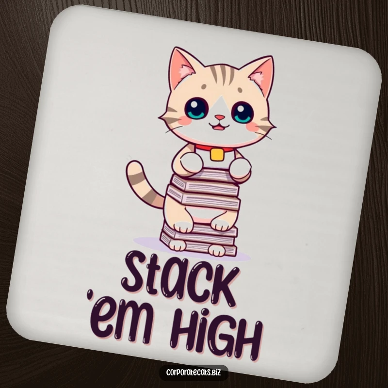 Funny cat coaster, a playful kitten with a name tag balancing a stack of documents, adding humor to drink protection.