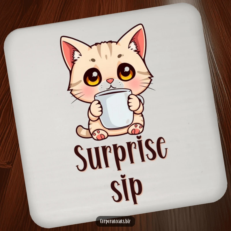Funny drink coaster with a surprised cat with wide eyes holding a coffee cup, protecting surfaces with humor.