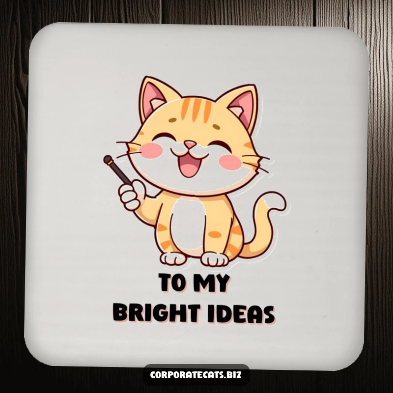Funny cat character giving a presentation with a pointer on a drink coaster, adding humor and surface protection, ideal for a quirky gift.