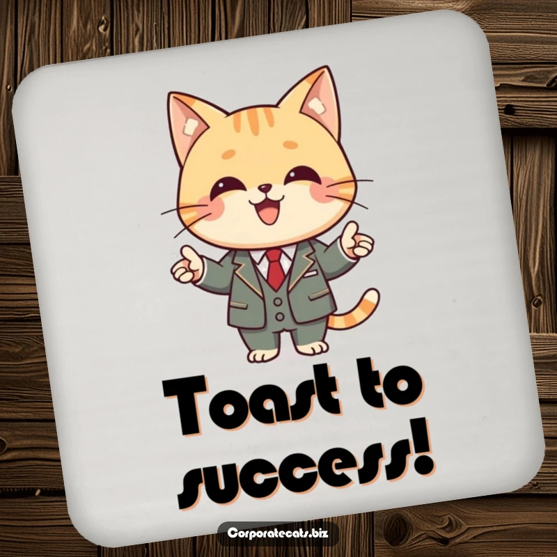 Funny cat coaster showing a cat in a business suit presenting, designed to protect tables from drink rings.