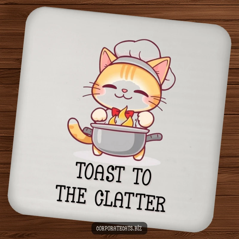Funny Coaster: A cat chef drops a pot, with the spill pattern illustrating the chaos. Protects surfaces.