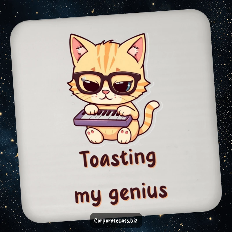 Funny cat coaster showing a cat with glasses playing a tiny keyboard, designed to protect tables from drink rings.