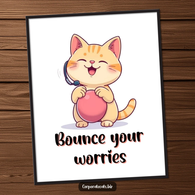 Funny cat poster art, a happy cat with a headset comically bounces a stress ball, promoting calmness and humor for wall decor.