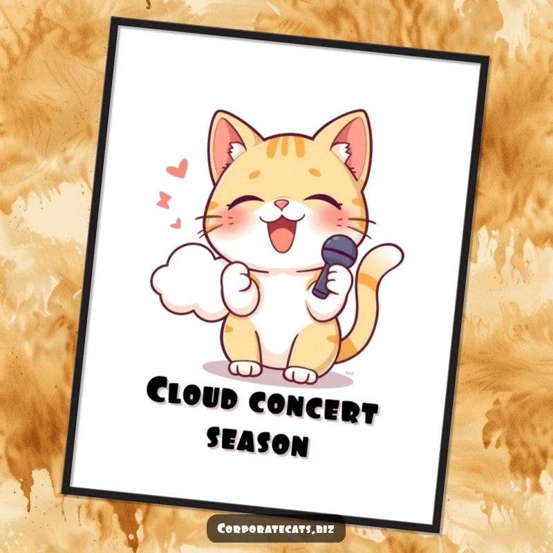 Funny cat with a microphone, singing towards a cloud, a dynamic wall art piece. A great funny gift.