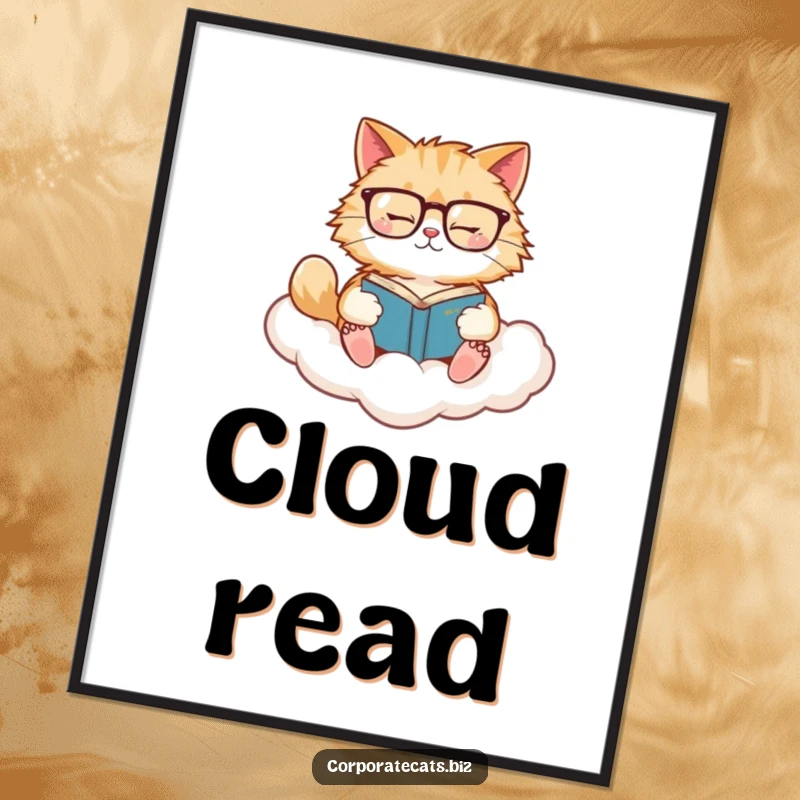 Funny Cat Reading Poster: A fluffy cat wearing glasses reads a book while floating on a cloud, a humorous and artistic display.