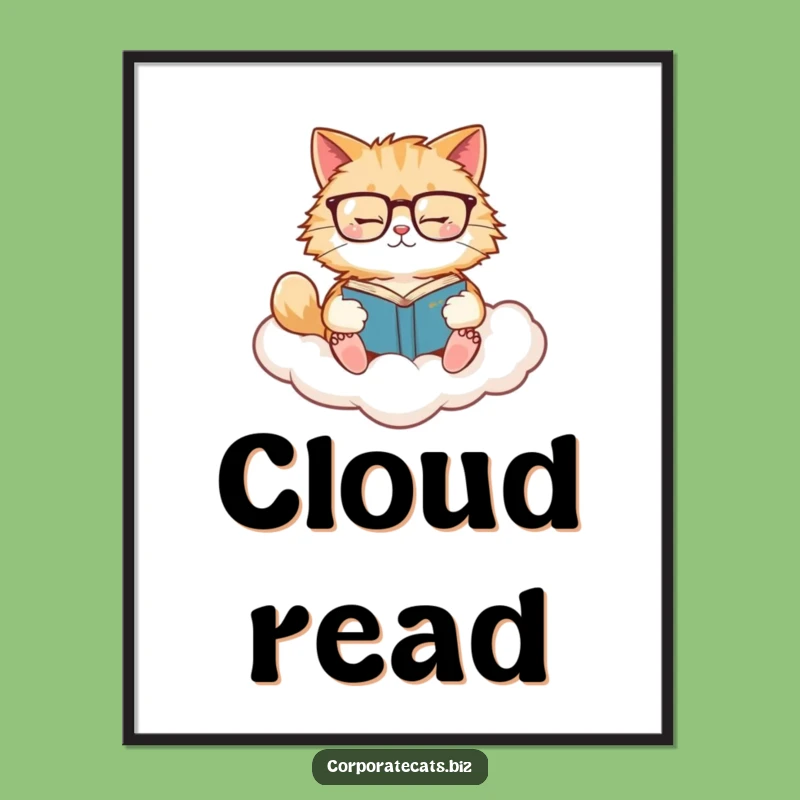 Funny Cat Reading Poster: Whimsical Art of a Cat on a Cloud, Perfect Funny Gift