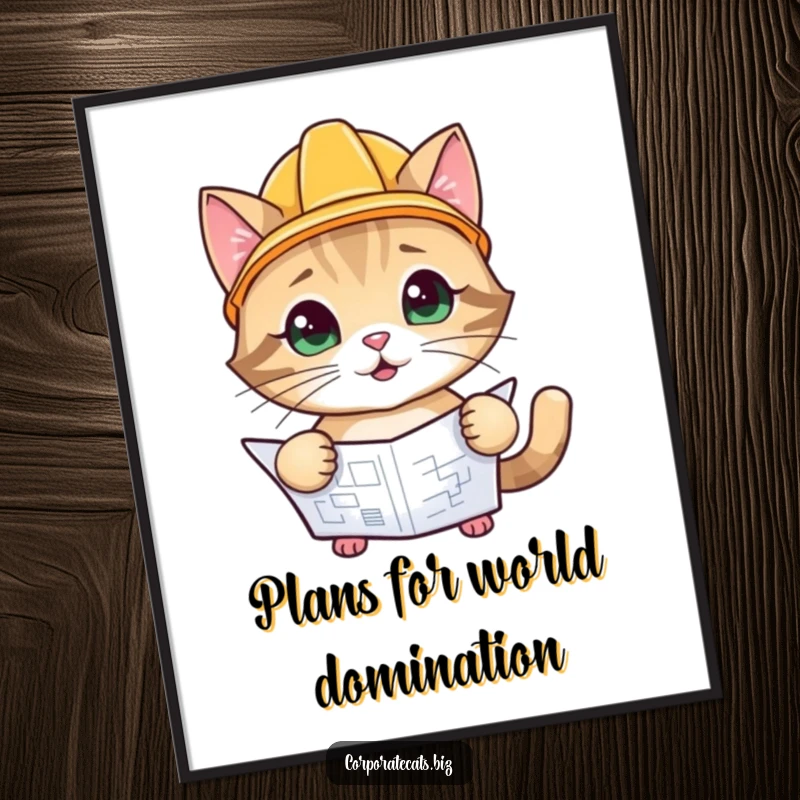 Funny Blueprint Cat Poster: a playful cat character wearing a tiny hard hat, inspecting a blueprint, adding humor to walls.