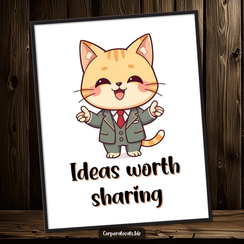 Funny cat poster print of a happy cat in a business suit, confidently presenting with a pointer and charts.