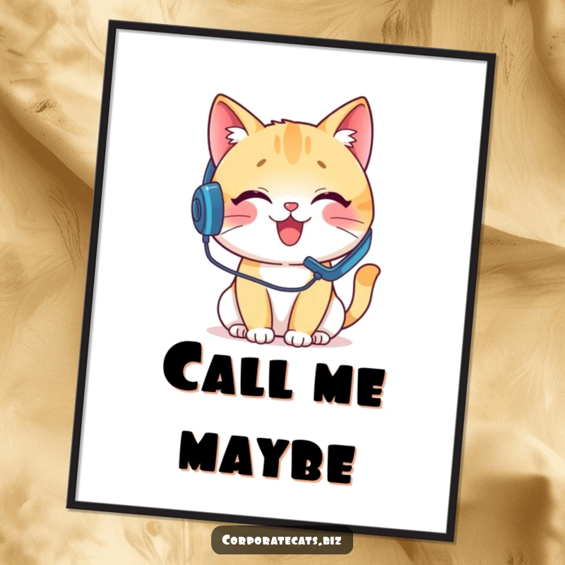Funny poster artwork of a delighted cat wearing a headset and on a pretend phone call, ideal for humorous office decor.