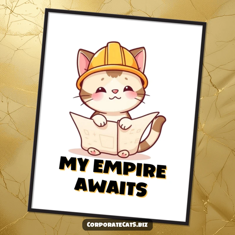 Funny cat wearing a tiny hard hat, looking at blueprints, this whimsical poster adds humor and character to any wall space, great gift.