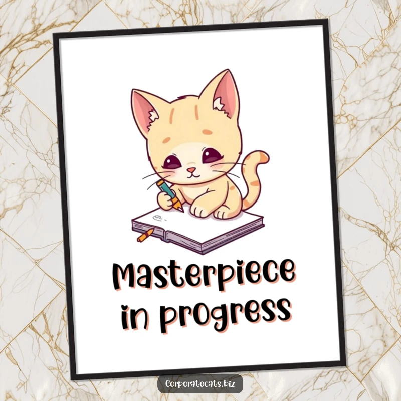 Funny cat artist poster, a creative cat artist sits on a stool, sketching with focus on a tiny notepad, unique wall art.