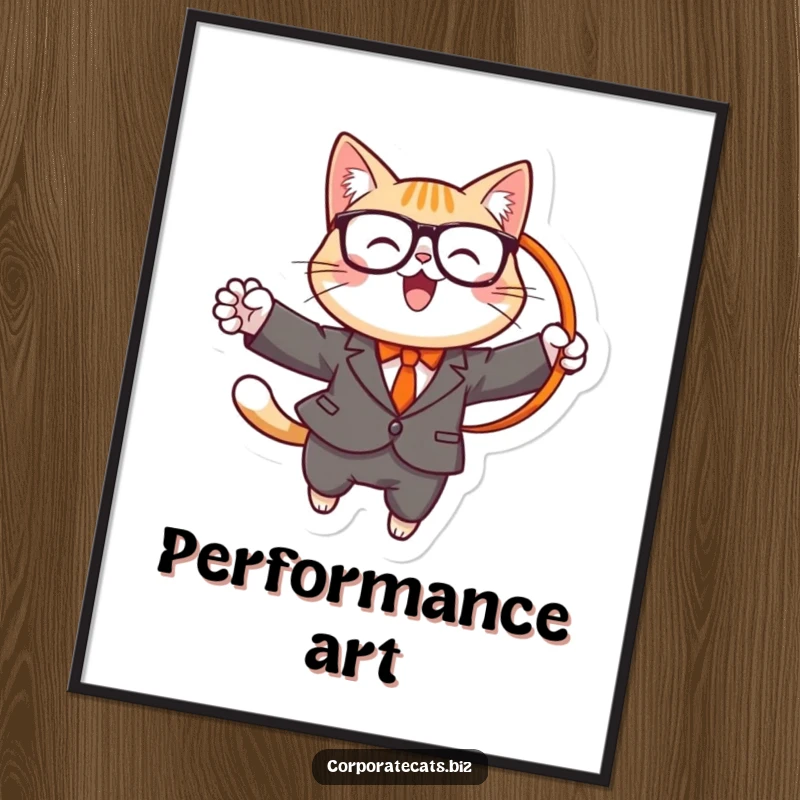 Funny poster featuring a cheerful cat wearing a suit and glasses, energetically jumping through a hoop, symbolizing performance and courage.