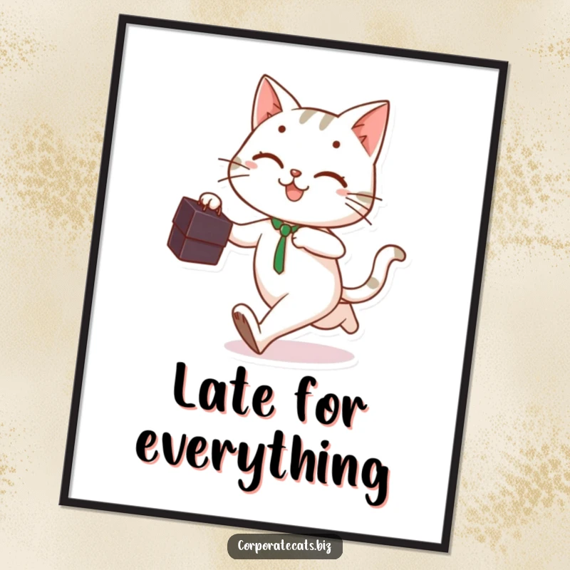 Playful cat holding a briefcase, running with a smile, in a dynamic pose as funny wall art.