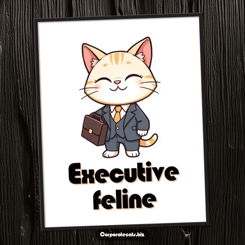 Funny cat poster depicting a smiling feline character dressed in a tiny business suit, clutching a briefcase.