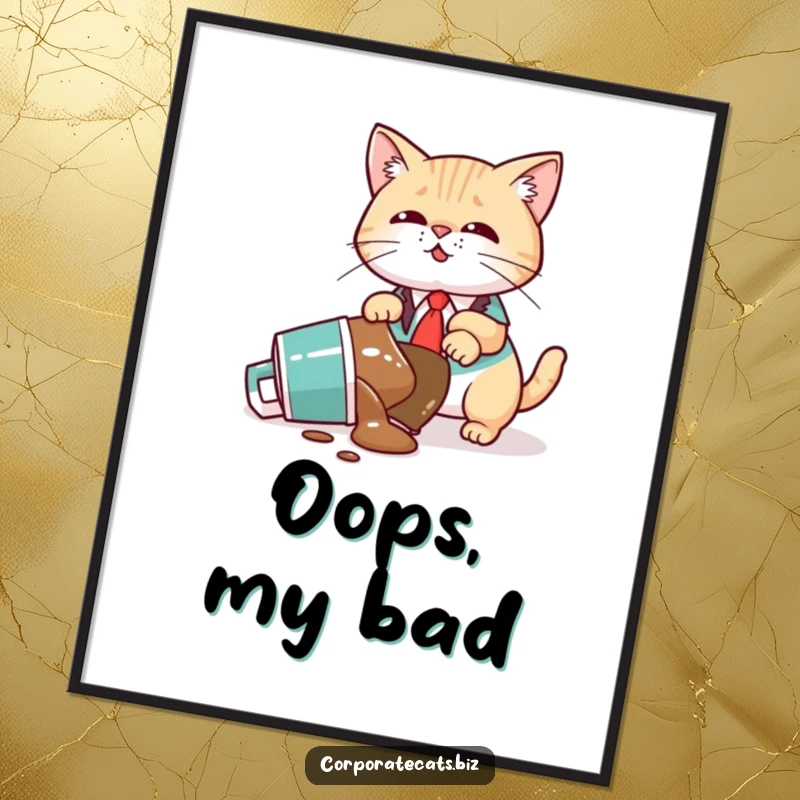 Funny Poster: A cat executive in a suit looks frazzled after knocking over a coffee mug, creating a messy scene.