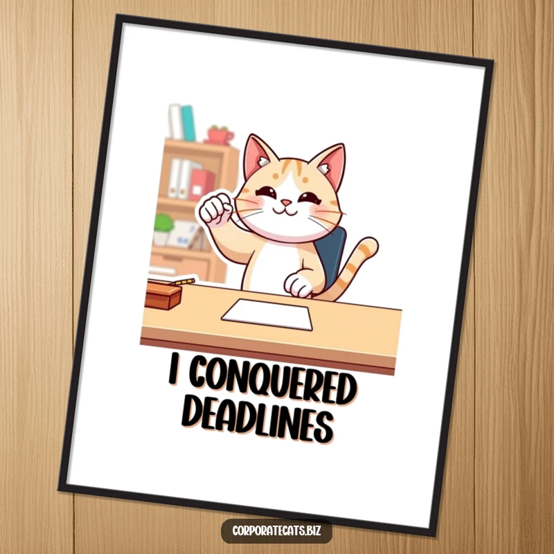 Funny cat character performing a triumphant fist pump at a desk, creating humorous celebratory wall art.