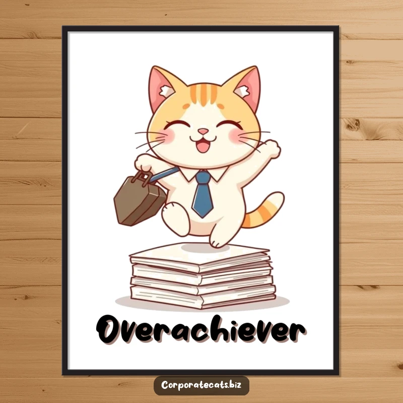Funny poster featuring a smiling cat in a tie, briefcase in paw, energetically leaping over a stack of papers, symbolizing hustle.