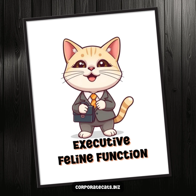 Funny poster art of a cat in a tiny suit holding a briefcase, ready for a day of important feline business. Whimsical wall decor.