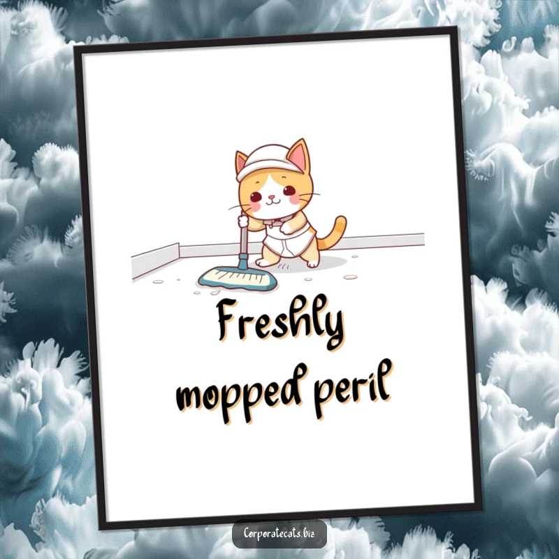 Funny Poster: A cat janitor in uniform slides across a wet floor, arms and legs akimbo, looking shocked.