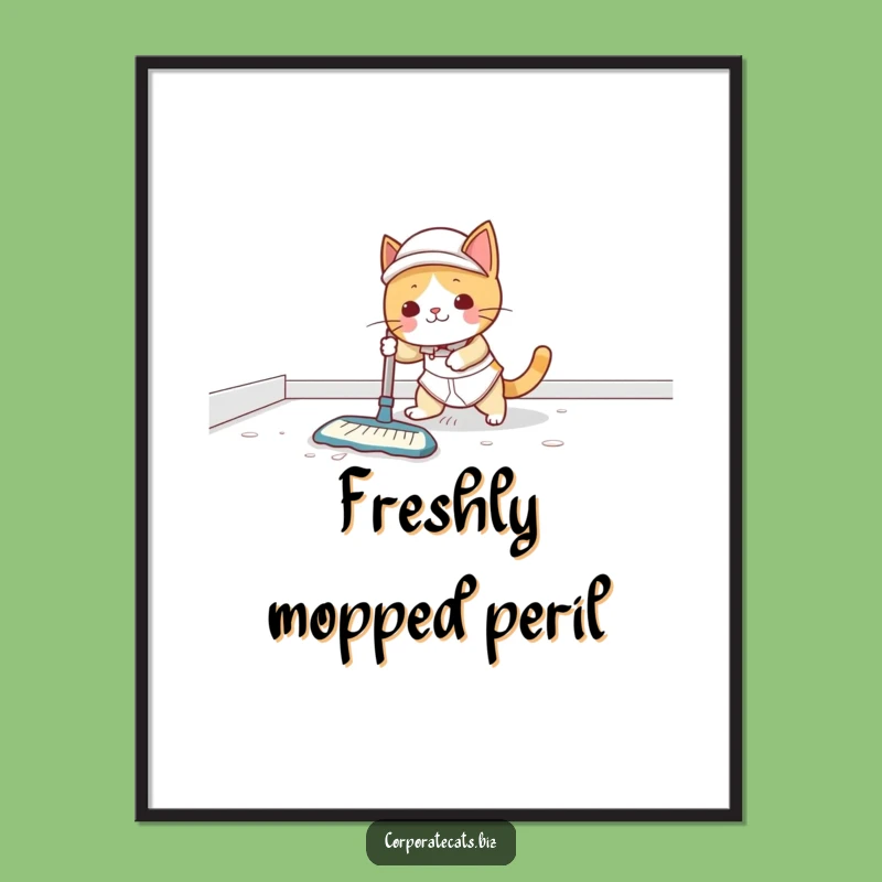 Funny Cat Janitor Art Print: Slippery Floor Poster - Unique Funny Gift!