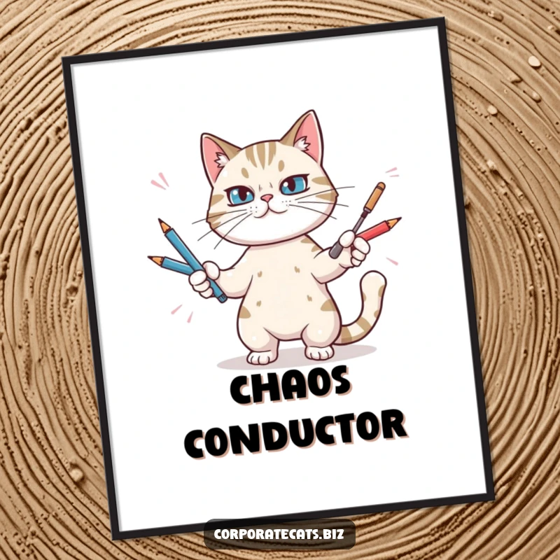 Funny poster depicting a determined cat skillfully juggling many pens, perfect for a humorous office or study space.