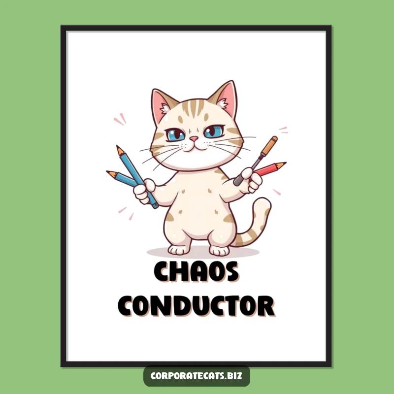 Funny Cat Juggling Pens Poster - Hilarious Wall Art for a Determined Workspace