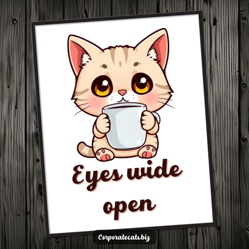 Funny poster featuring a surprised cat with wide eyes holding a coffee cup, perfect for kitchen or living room decor.