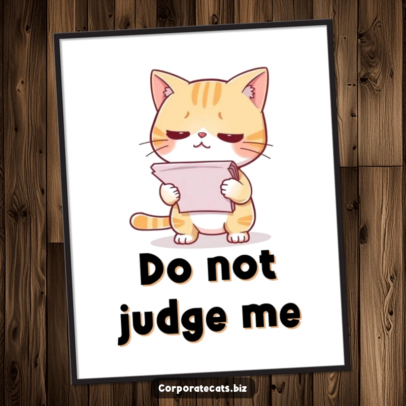 Funny poster depicting a shy cat nervously holding a stack of papers, conveying workplace stress with humor.