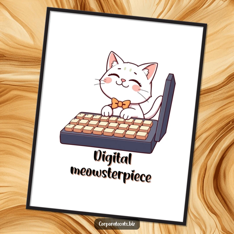 Funny cat poster art, a giggling cat in a small bowtie attempts to type on a massive computer keyboard, conveying tech humor.