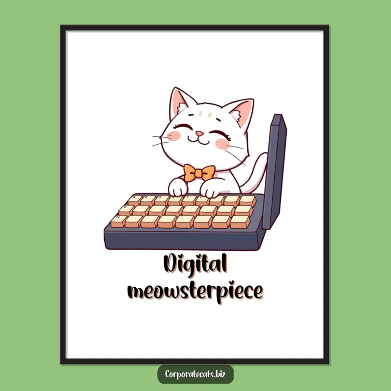 Funny Cat Poster: Bowtie Typist Art, Tech Whimsy Funny Gift Wall Decor
