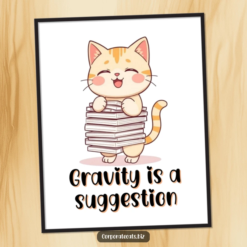 Funny poster print of a cat hilariously trying to balance a towering stack of paperwork, creating a comical scene.