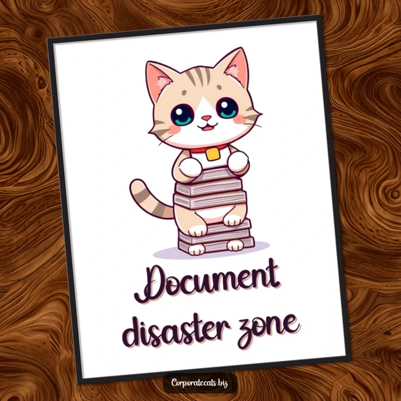 Funny cat poster art, a playful kitten wearing a name tag stacking documents, expressing relatable work chaos for humorous wall decor.