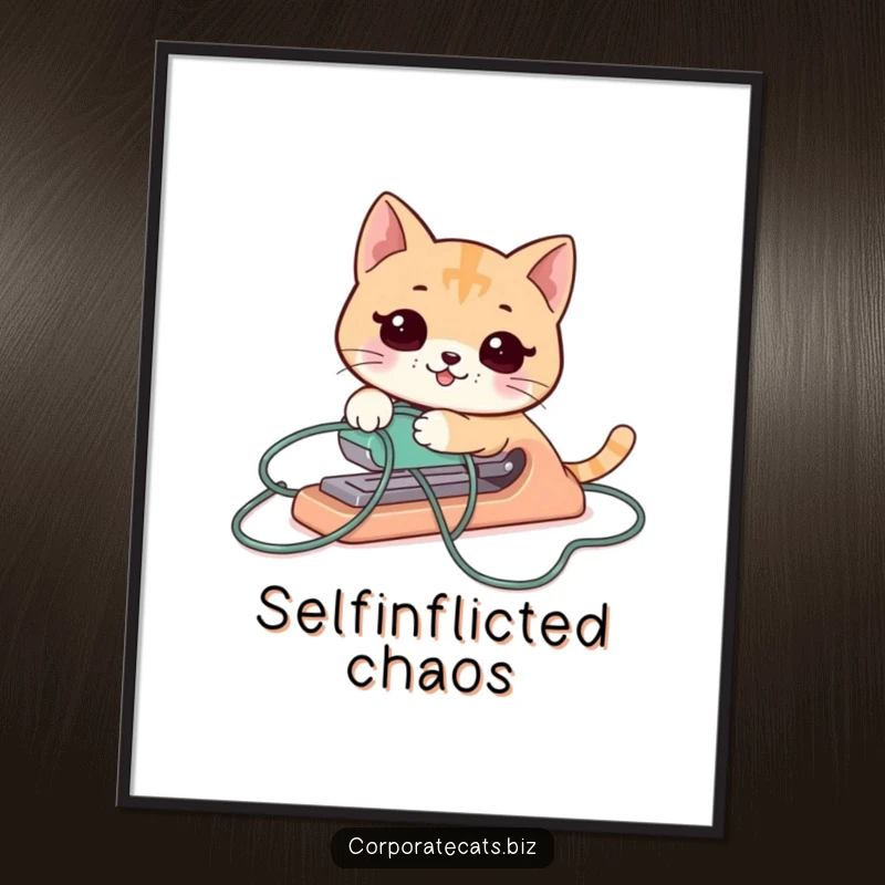 Funny cat stapler poster, hilariously ensnared by its cord, ideal for office decor and humor lovers.